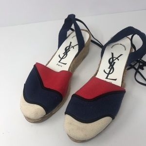 Vintage 1970s YSL Yves Saint Laurent Espadrilles Wedges Red White Blue Canvas 38
